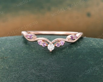 Pink Sapphire Curved Wedding band Unique Rose gold Amethyst Wedding band Round cut Moissanite ring Matching Stacking band promise ring