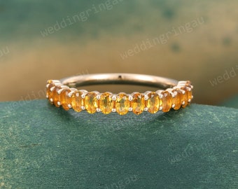 Citrine wedding band Unique rose gold Oval cut wedding ring half eternity Antique Birthstone stacking matching promise Anniversary ring