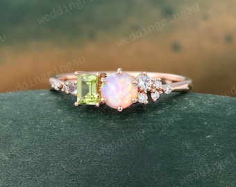 Round cut Pink Opal ring Unique Rose gold engagement ring Peridot ring Aquamarine Moissanite ring Custom Family Birthstone ring Promise ring