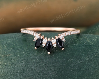 Marquise cut Black onyx Curved wedding band Unique Rose gold wedding band Moissanite ring Diamond Stacking matching band Anniversary ring