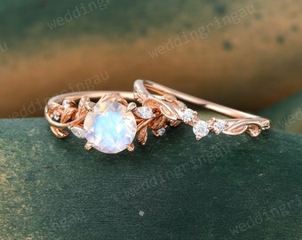 Round cut Moonstone engagement ring set Vintage Twig engagement ring Leaf wedding ring set Moissanite ring Nature inspired Promise ring set