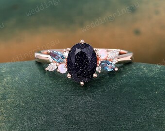 Oval cut Blue sandstone ring Rose gold engagement ring Galaxy Starry Sky Ring Alexandrite Opal ring Moissanite cluster ring Bridal ring
