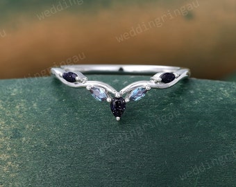 Blue sandstone Curved wedding band Vintage White gold Marquise cut Alexandrite wedding band Branch ring stacking matching band Anniversary
