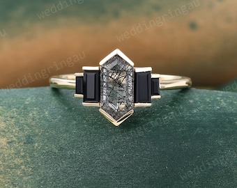 Hexagon cut Black rutilated quartz ring Unique gemstone engagement ring Vintage Yellow gold ring Baguette cut Black onyx ring promise ring