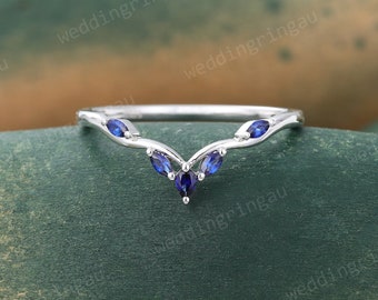 Blue Sapphire curved wedding band Vintage White gold wedding band women Unique Pear cut Lab Sapphire wedding ring Antique Stacking band
