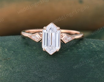 Hexagon cut Lab grown diamond ring Rose gold engagement ring Three stone ring Kite cut White Diamond ring Art deco ring Proposal ring
