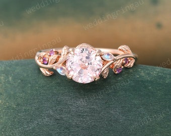 Round cut Pink sapphire ring Vintage Rose gold Leaf engagement ring Marquise cut Moonstone ring Amethyst ring Nature inspired Twig ring Gift