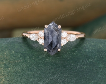 Unique Salt and pepper diamond ring Rose gold hexagon cut diamond engagement ring Marquise cut moissanite ring art deco ring Promise ring