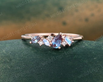 Cluster Alexandrite wedding band Unique Rose gold Baguette cut Moonstone Stackable ring women Moissanite ring Birthstone ring Promise ring