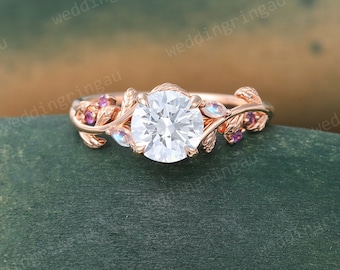 Lab Grown Diamond engagement ring Unique Leaf design Rose gold ring Twig Women ring Marquise cut Moonstone ring Amethyst ring Proposal ring