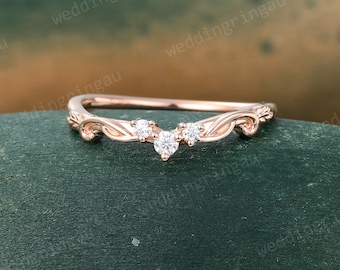 Moissanite Curved wedding band Unique Rose gold Round cut Diamond wedding band Filigree ring Stackable ring Promise ring Gift for women