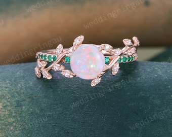 Opal Engagement ring Unique Leaf Rose gold moissanite ring Emerald ring for Women Branch Marriage ring Art deco Bridal wedding Promise ring