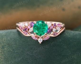 Unique Emerald engagement ring set Vintage Rose gold Moissanite Bridal ring set Pink sapphire Amethyst wedding band Art deco Promise ring