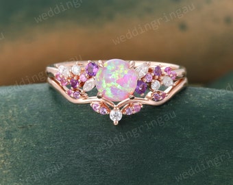 Rosa Opal Verlobungsring Set Vintage Roségold Brautring Set Amethystring Rosa Saphir Diamantring Verlobungsring Geschwungener Ring