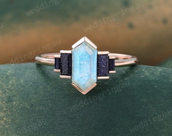 Hexagon cut Labradorite engagement ring Vintage Rose gold engagement ring Baguette cut sandstone ring Bezel set ring bridal anniversary ring