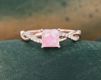 Princess cut Pink Opal engagement ring Vintage Rose gold Moissanite pave ring Infinity ring Diamond Twist ring Bridal Promise ring