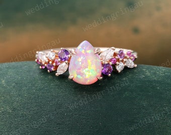 Pear shaped Pink Opal ring Unique Rose gold Cluster engagement ring Amethyst Pink sapphire ring Diamond bridal anniversary ring for women