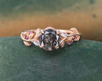 Twig Salt and Pepper Diamond ring Leaf Rose gold Engagement ring Marquise cut moonstone ring Amethyst wedding ring Promise Anniversary ring