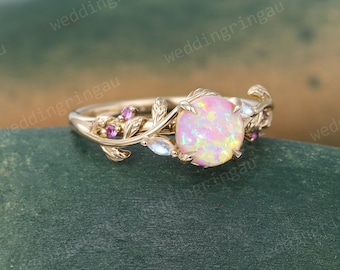 Round cut Pink Opal ring Vintage Yellow gold Leaf engagement ring Marquise cut Moonstone ring Amethyst ring Nature inspired Twig ring Gift