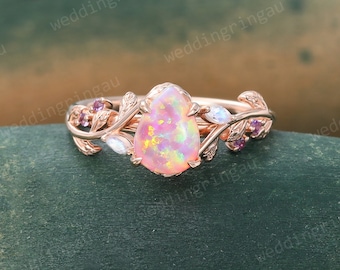 Pear shaped Pink Opal ring Unique Rose gold Leaf engagement ring Marquise cut Moonstone ring Amethyst ring Nature inspired Twig ring Gift