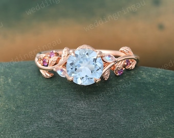 Round cut Aquamarine ring Vintage Rose gold Leaf engagement ring Marquise cut Moonstone ring Amethyst ring Nature inspired Twig ring Gift