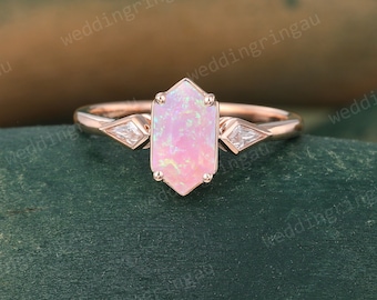 Hexagon cut Opal engagement ring Unique rose gold ring Diamond Bezel set ring Kite cut Moissanite ring Bridal promise anniversary ring