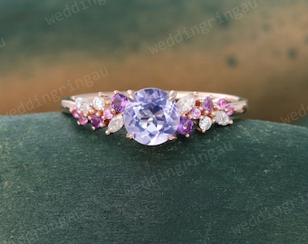 Round Lavender Amethyst ring Unique Rose gold Cluster engagement ring pink sapphire ring Marquise cut Moissanite bridal anniversary ring