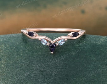 Blue sandstone Curved wedding band Vintage Rose gold Marquise cut Alexandrite wedding band Branch ring stacking matching band Anniversary