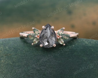 Pear shaped Salt and Pepper Diamond engagement ring Vintage Rose gold ring Unique Marquise cut Moss agate ring Bridal Anniversary ring