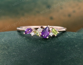 Marquise cut Amethyst wedding band Unique Cluster Peridot wedding ring for women Rose gold Stackable band Bridal gift Anniversary band
