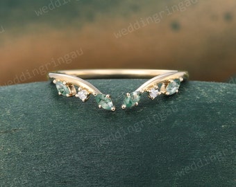 Natural Moss agate Wedding Band Unique Yellow gold Moissanite Curved Wedding Band Vintage Art deco Bridal Open Stacking ring Promise ring