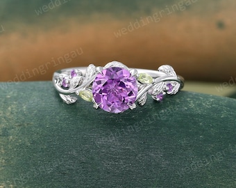 Round Purple Amethyst ring Vintage White gold engagement ring marquise cut peridot ring Nature inspired ring Leaf Branch ring Promise ring