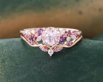 Morganite Engagement ring set Vintage Rose gold Bridal ring set Amethyst ring Pink sapphire Curved wedding ring Diamond ring Promise ring