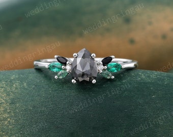 Pear cut Salt and Pepper Diamond ring Rose gold Engagement ring Marquise cut Emerald Moss agate ring Black onyx Promise Anniversary ring
