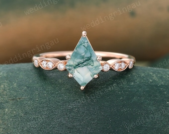 Green Moss agate engagement ring Vintage Rose gold Kite shaped ring half eternity moissanite ring Art deco Bridal promise anniversary ring