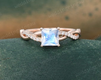 Infinity Moonstone ring Vintage Rose gold engagement ring Unique Moissanite Pave ring Art deco Twisted Diamond ring anniversary ring