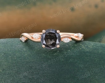 Round Salt and pepper diamond engagement ring Unique Rose gold ring Marquise cut diamond ring women cluster wedding ring anniversary ring