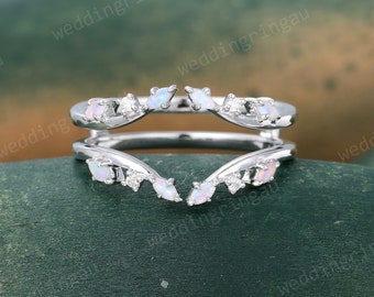 Natural Opal Wedding Band Unique Moissanite Enhancer Ring White gold Double band Leaf Wrap Ring Curved matching stacking band for women
