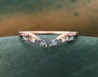Alexandrite Curved wedding band Unique Open wedding band for women Rose gold Moissanite ring Stacking Matching ring Promise gift