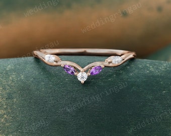 Amethyst Curved wedding band Unique Rose gold Marquise cut Moissanite wedding band Art deco ring Stackable ring Promise ring Gift for women