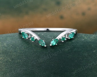 Marquise cut Emerald wedding band Vintage White gold curved wedding band Open ring Bridal May birthstone stacking matching band Anniversary