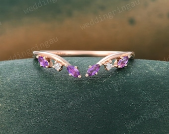 Marquise cut Amethyst Wedding Band Unique Rose gold Moissanite Curved Wedding Band Vintage Open Stacking ring February birthstone ring gift