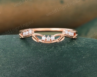 Moissanite Curved Wedding Band Unique Rose gold Wedding Band Vintage Round cut ring Art deco Bridal Leaf Stacking ring Promise ring