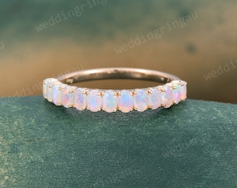 Natural Opal wedding band Unique rose gold Oval cut opal wedding ring half eternity Art deco bridal stacking matching band Anniversary ring