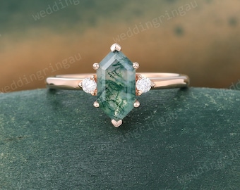 Hexagon cut Moss agate engagement ring Unique rose gold Moissanite ring Three stone wedding ring Green Gemstone bridal anniversary ring