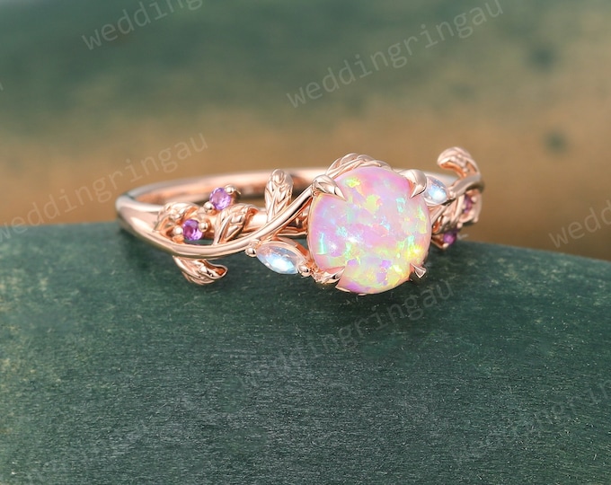 Featured listing image: Round cut Pink Opal ring Vintage Rose gold Leaf engagement ring Marquise cut Moonstone ring Amethyst ring Nature inspired Twig ring Gift