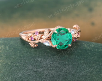 Round cut Green Emerald ring Vintage Rose gold Leaf engagement ring Marquise cut Moonstone ring Amethyst ring Nature inspired Twig ring Gift