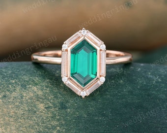 Hexagon cut Emerald ring Unique rose gold engagement ring Baguette cut Moissanite ring Antique Halo ring Art deco promise anniversary ring