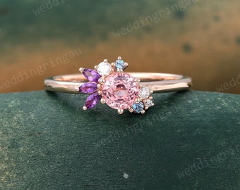 Dainty Lab Pink sapphire engagement ring Unique 14k Rose gold Cluster ring Marquise cut Amethyst ring Alexandrite ring Art deco Promise ring