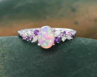 Oval cut Pink Opal engagement ring Unique White gold Cluster ring Amethyst Pink sapphire ring Moissanite bridal anniversary ring for women